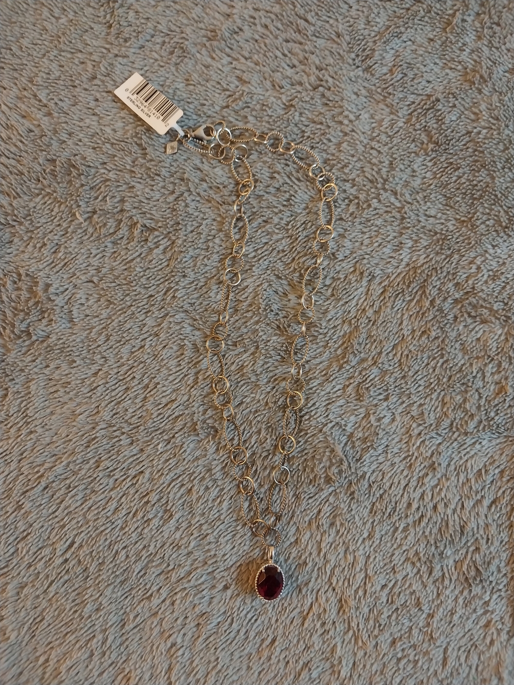 Elegant Sterling Silver Necklace with Deep Red Gem Pendant - Picture 3 of 5